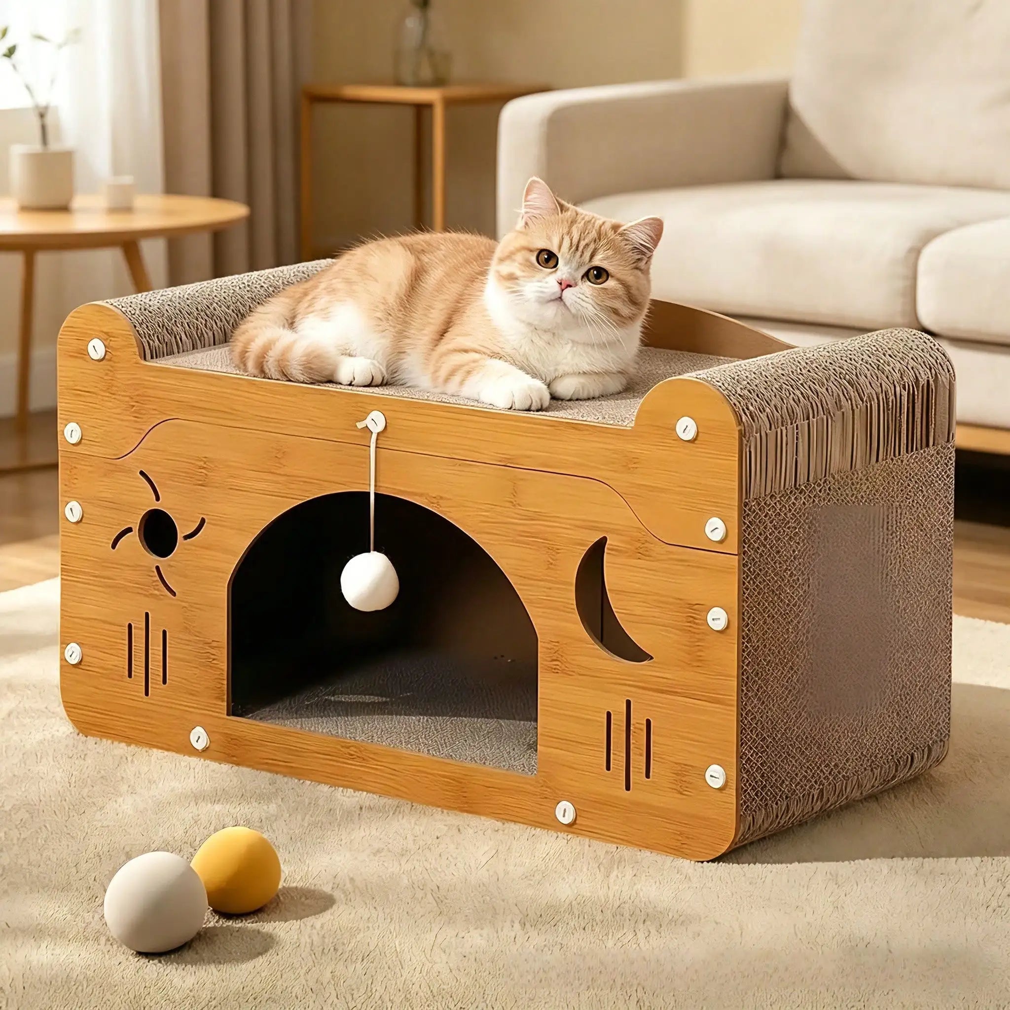2 In 1 Double Layer Cardboard Cat Scratcher Lounge Bed Bubble Fish Star Moon Double Cat Head Pattern Detachable Upper Platform Cat Hideaway With 2 Hanging Pom Pom Balls For Multi Cat Households