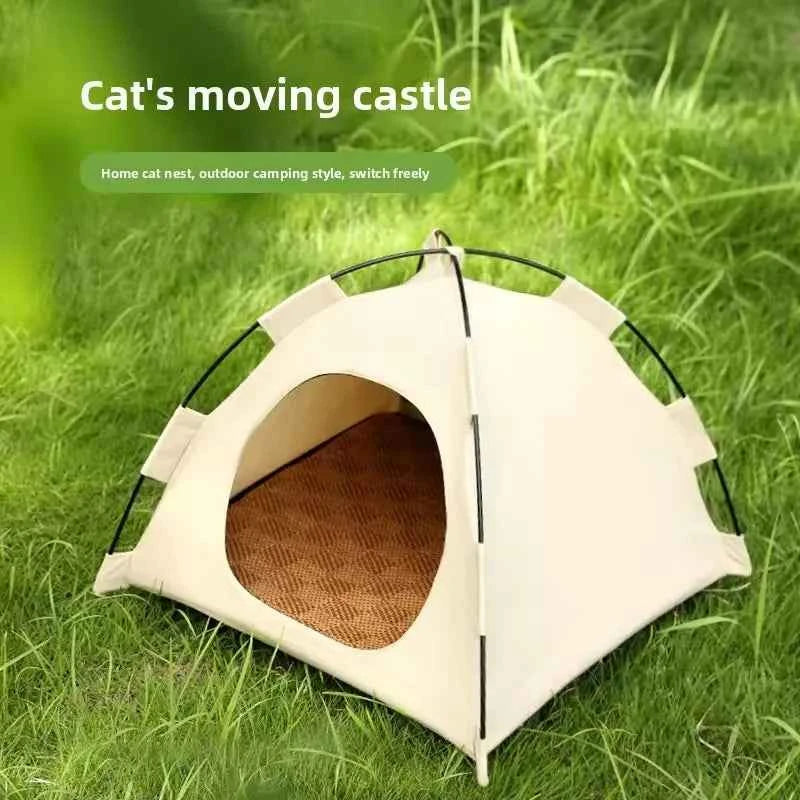 Portable Cat Tent Bed Breathable Oxford Pet House with Double-sided Mat Summer Cooling Cat Cave for Indoor Outdoor Cats Dogs
