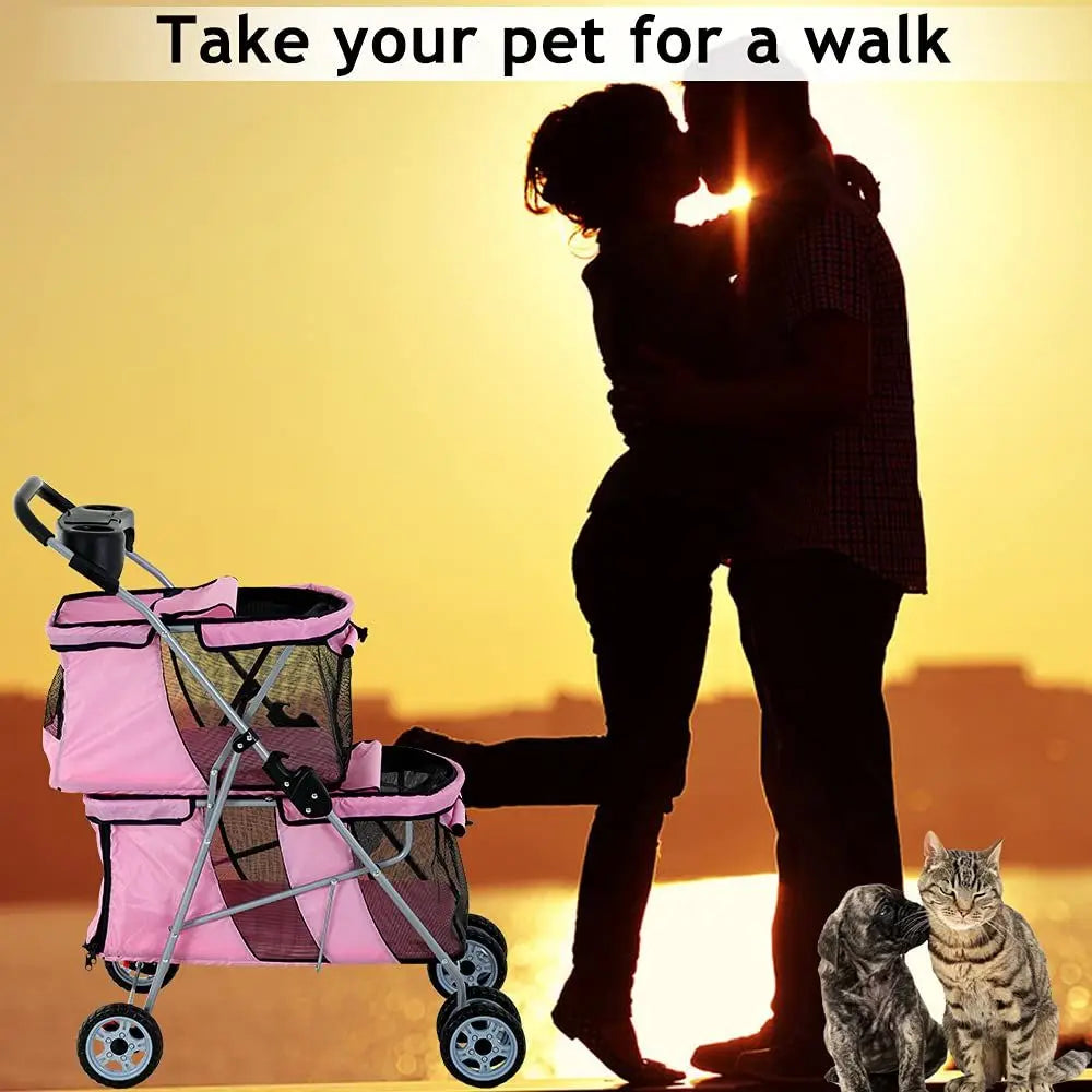 Double Pet Stroller or Small Medium Dogs, 4 Wheels olding Travel Carrier Cage with Cup Holder or 2 De Puppy Or Two Kitty, Pink
