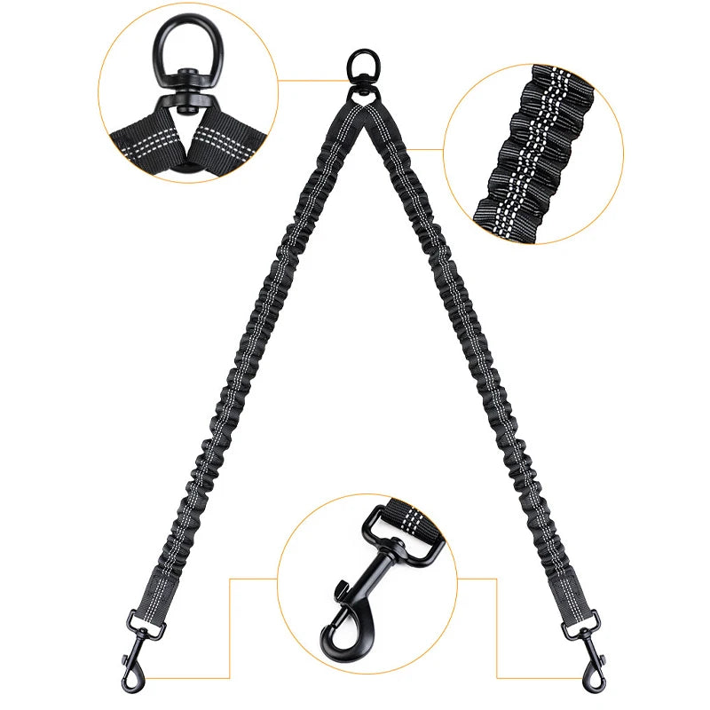 Pet Dog Double Leashes Elastic Rope Two Heads Nylon Two Dogs Collars Harness Leads Dog Leashes Dogs Leash Way Coupler Walk Two