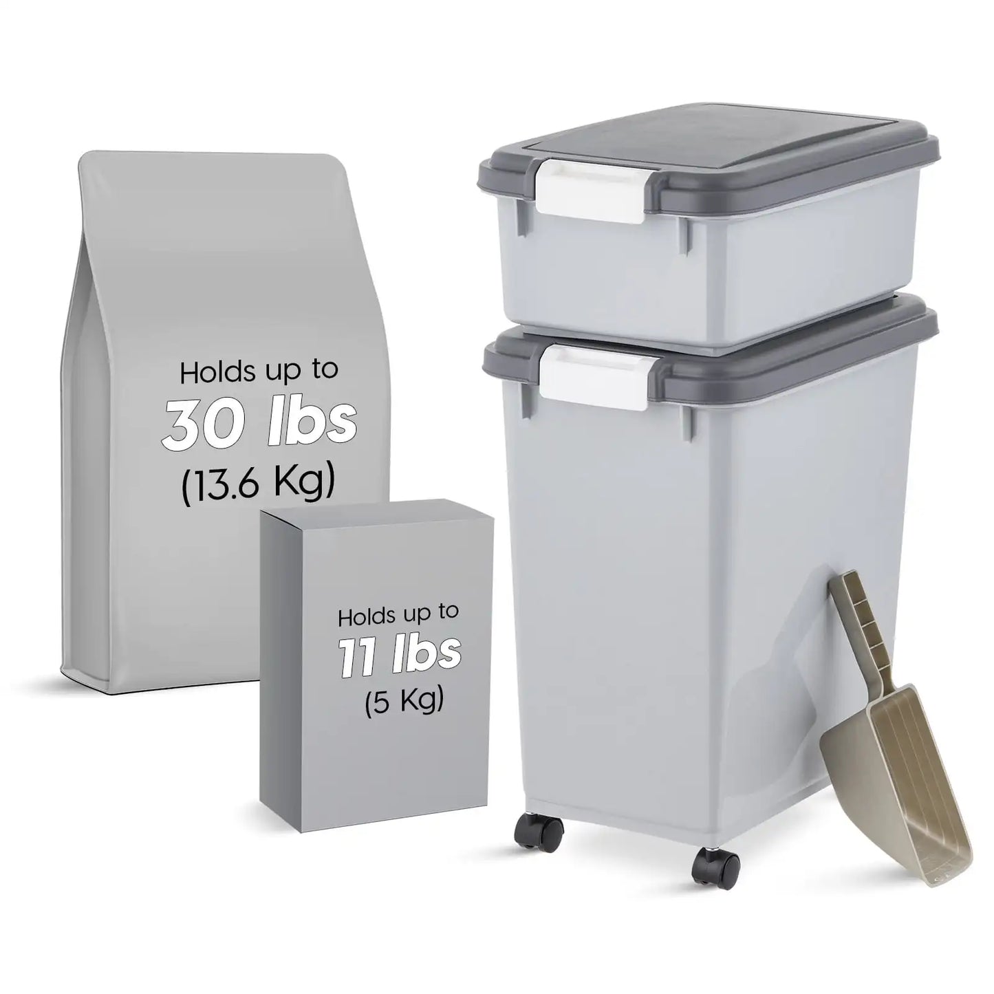 IRIS USA 30 lbs & 11 lbs Combo Airtight Dog Food Storage Container, Stackable Treat Box, 2-Cup Scoop, Casters, Keep Fresh