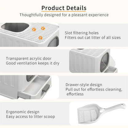Large Cat Litter Box Pet Toilet Skylight Enclosed Drawer Scoop Covered Tray Pet Kitten Training Toilet with Scoop