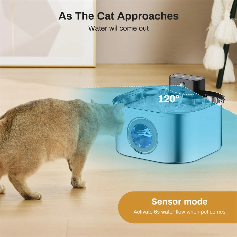 Wireless Stainless Steel Pet Water Fountain, 3.2L Automatic Cat Water Feeder with Motion Sensor,  Dog Water Bowl（No 5V 1A Plug）