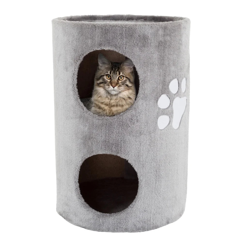 2-Story Cat Condo Double-Hole Space-Saving Scratching Tree Multi-Entrance Lightweight Pet Furniture Indoor Compact Assembled