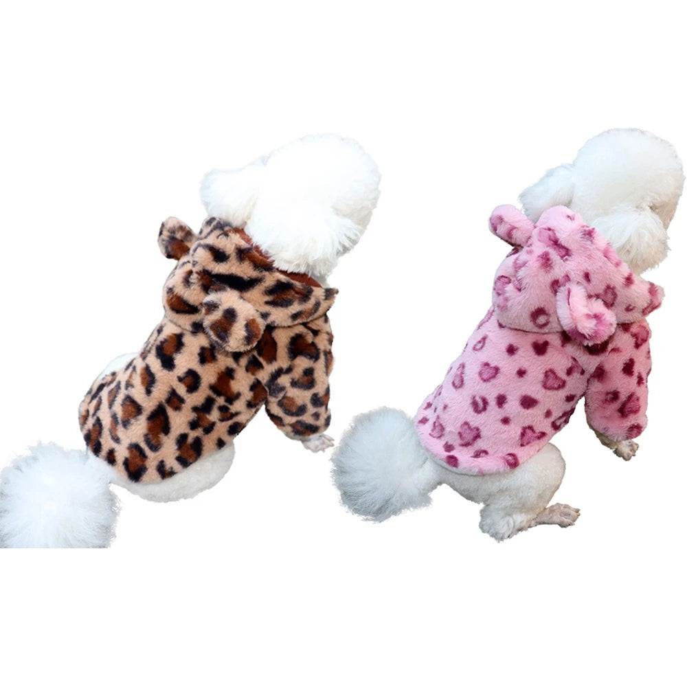 Leopard Print Winter Dog Hoodie Fleece Coat For Small Dogs
