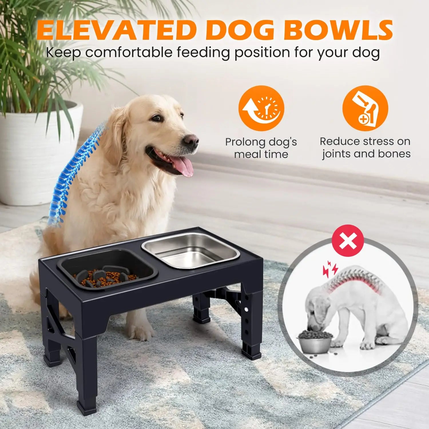 Dual Elevated Slow Feeder Dog Bowls With Foldable Stand