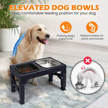 Dual Elevated Slow Feeder Dog Bowls With Foldable Stand