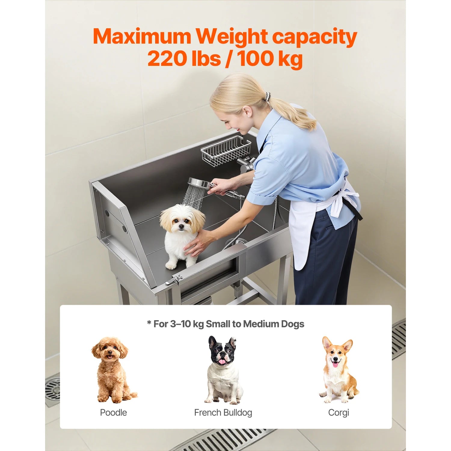 SucceBuy 34" Dog Washing Station Stainless Steel Dog Wash Sink with Shower Faucet Soap Holder Non-Slip Stairs Easy-Clean Design
