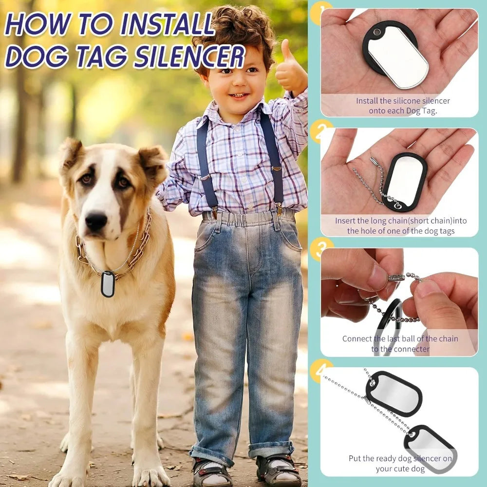 8 Pcs Dog Tag Silicone Military Engraved Dog Tag with 4 Stainless Steel Chain Black Army Pet Tags Cover Rubber ID Prot