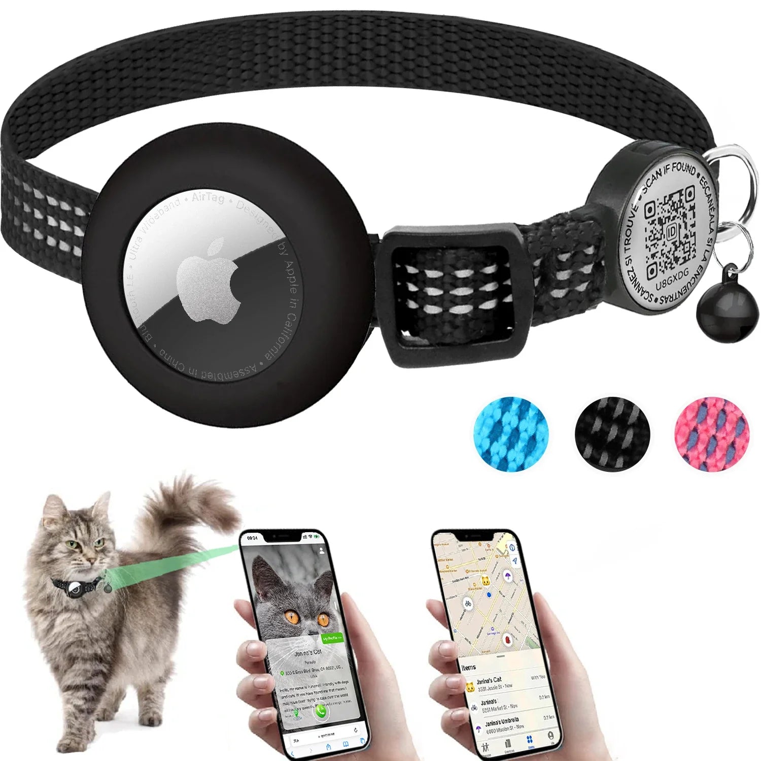 GPS Cat Collar with AirTag Holder & QR Name Tag  for Tracker Cats, Anti-loss Reflective Kitten Collar Location Case for Air Tag