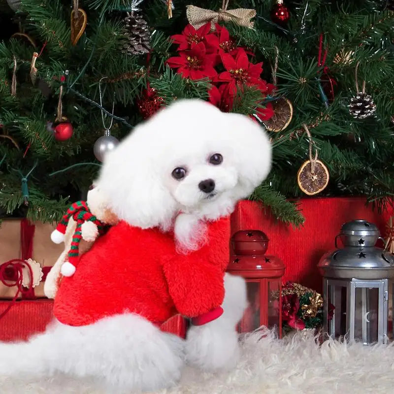 Pet Christmas Costumes Cartoon Pet Winter Plush Dress Warm Dog Cosplay Hoodie Dog Holiday Apparel With Bear For
