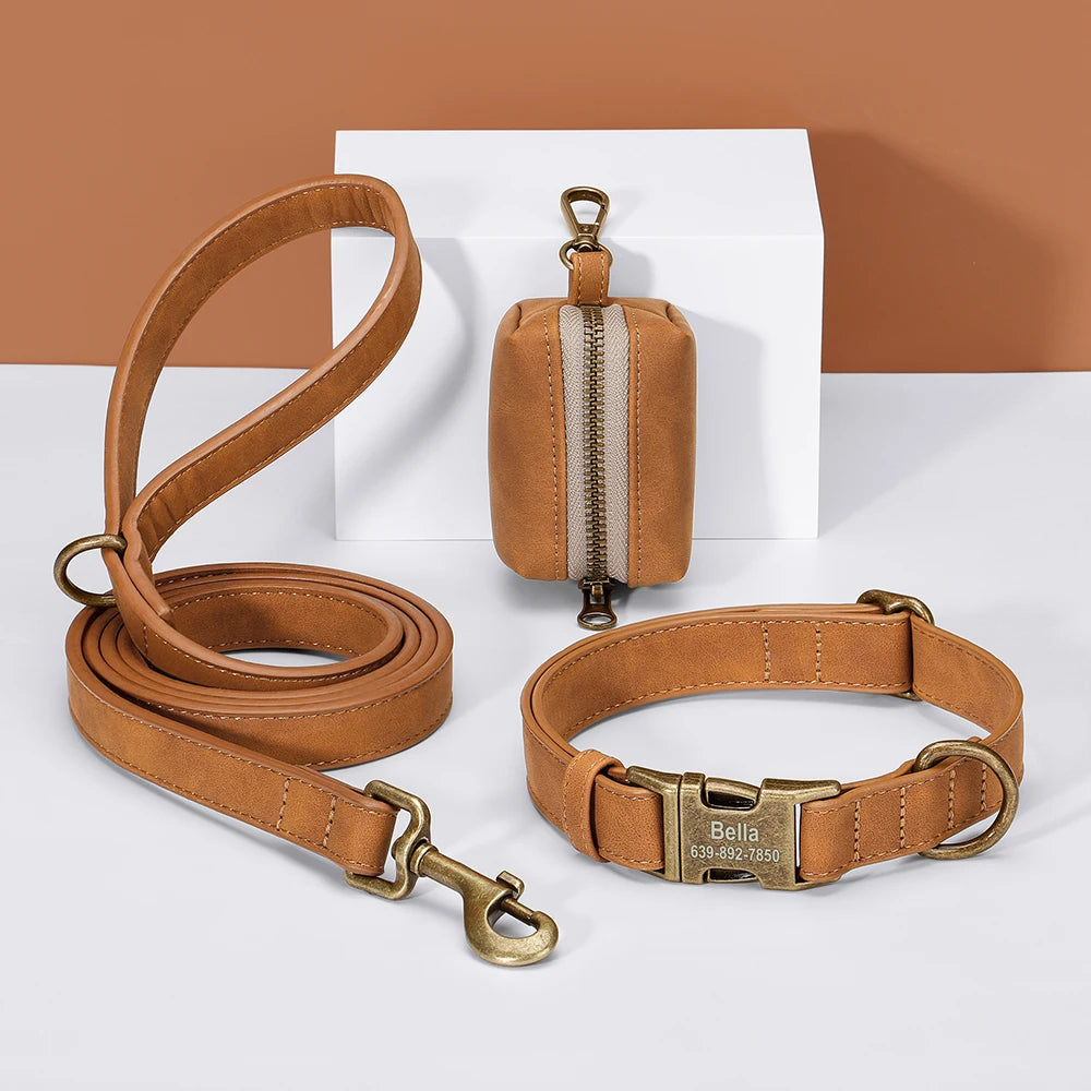 Didog Custom Dog Collar Leash Set With Poop Bag PU Leather