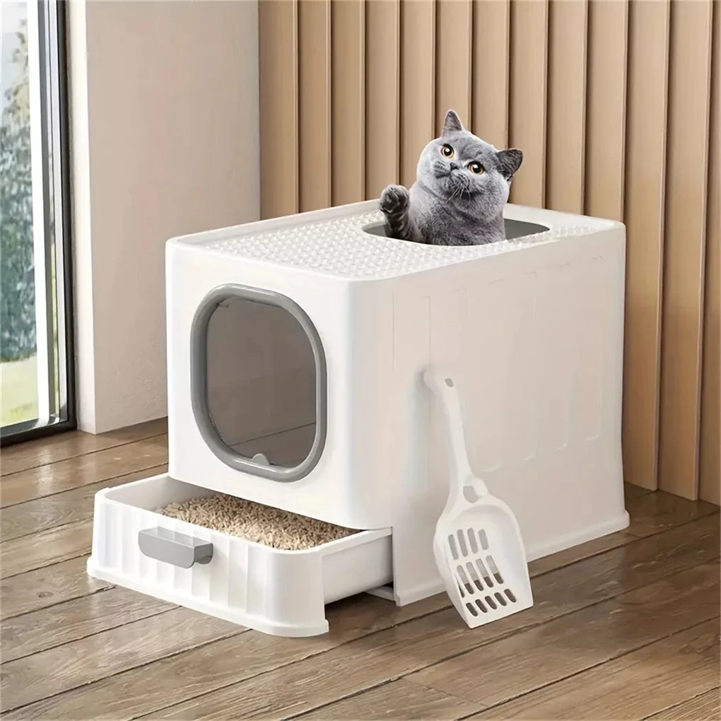 Leakproof Enclosed Cat Litter Box With Pull Drawer And Scoop