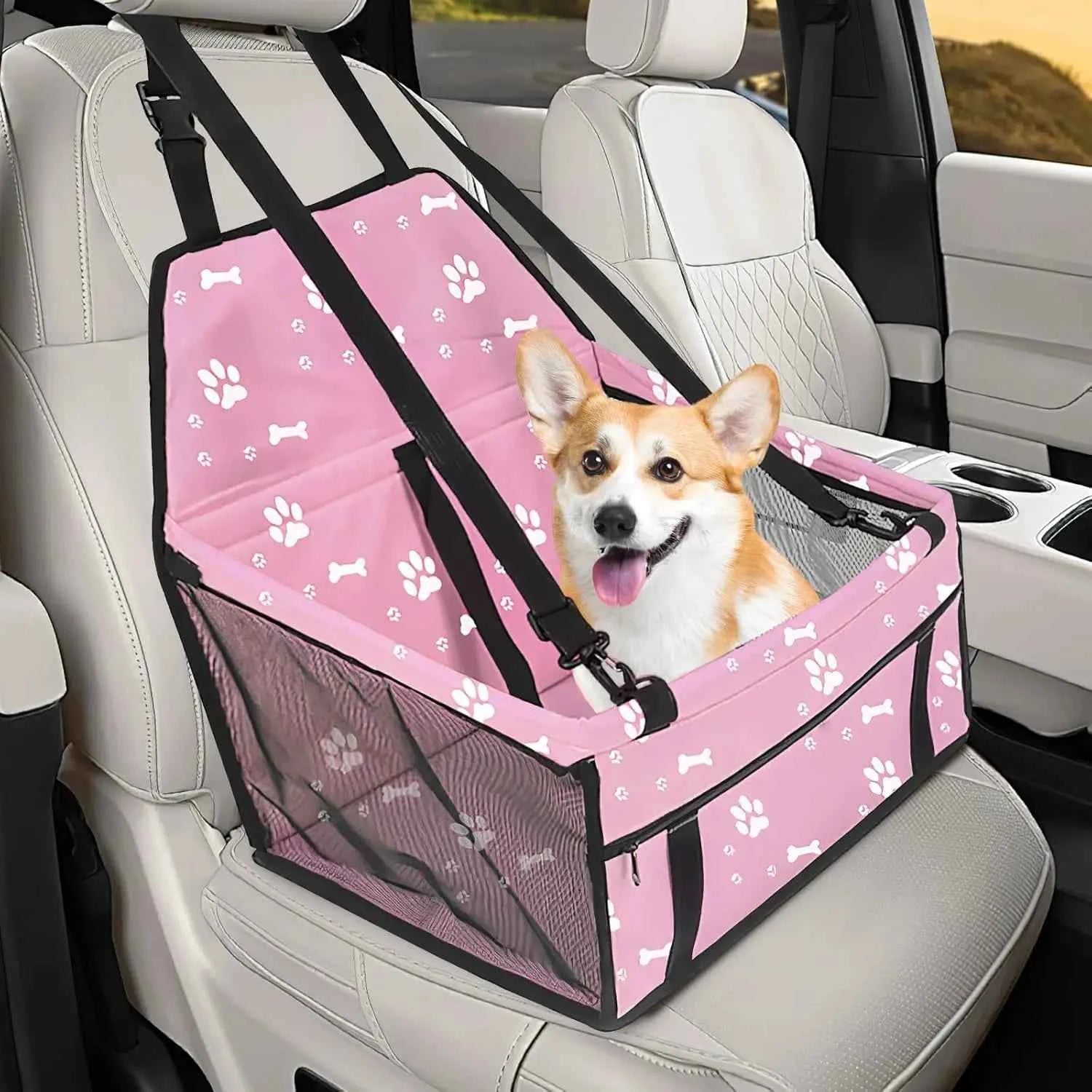Wuyaoyao Pet Car Seat, Waterproof Breathable Oxford Cat Dog Car Booster Seat for Small Pets, Foldable Portable Vehicle Puppy Travel Basket with Seatbelt & Support Rod, for Pet Up to 22 lbs (Pink)