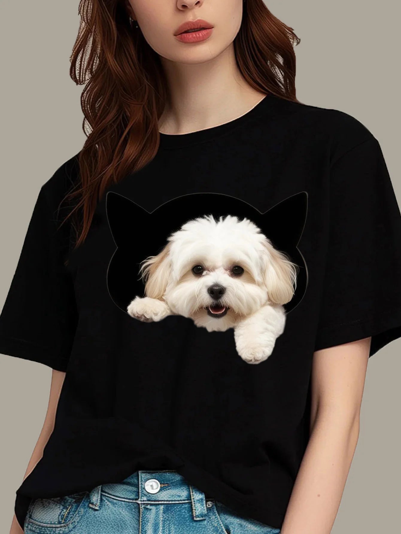 Clothing Durable Dog Print Cheerful Roundneck Comfortable Womens TShirt CottonFabric