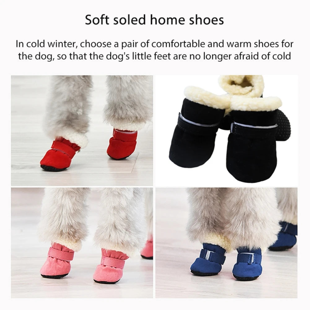 4Pcs Pet Dog Snow Boots Autumn Winter Warm Plush Dog Shoes for Small Medium Dog Cats S-XL Soft with Non-Slip Soles