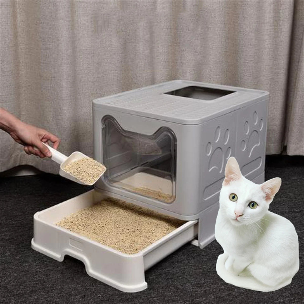Foldable Space Saving Cat Litter Box With Front Entry Tray