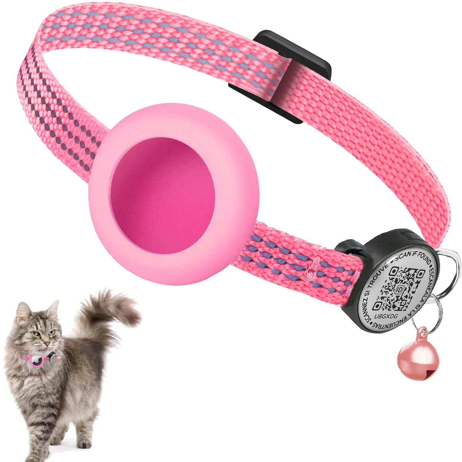 GPS Cat Collar with AirTag Holder & QR Name Tag  for Tracker Cats, Anti-loss Reflective Kitten Collar Location Case for Air Tag