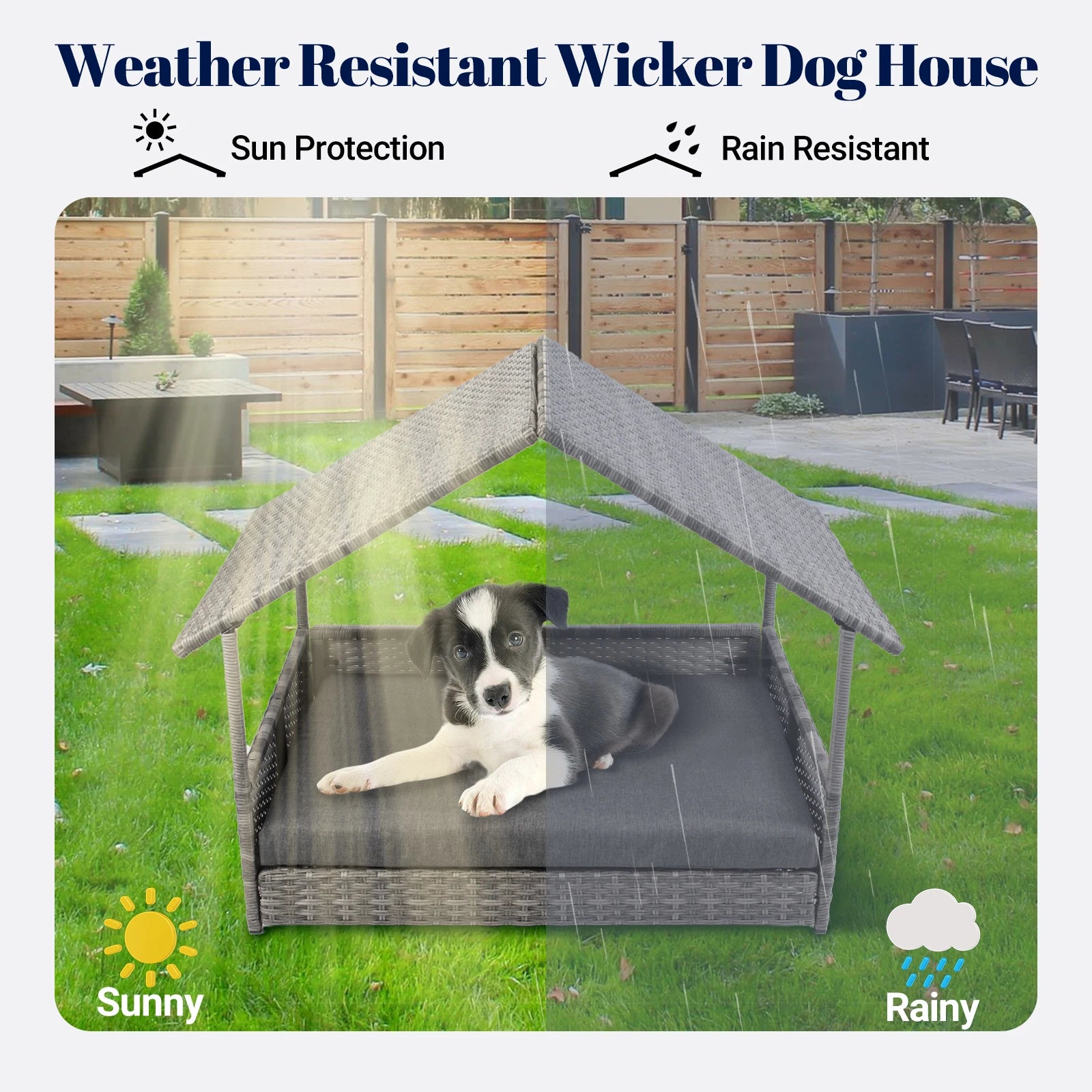 Elevated Wicker Dog House With Canopy And Water Resistant Cushion