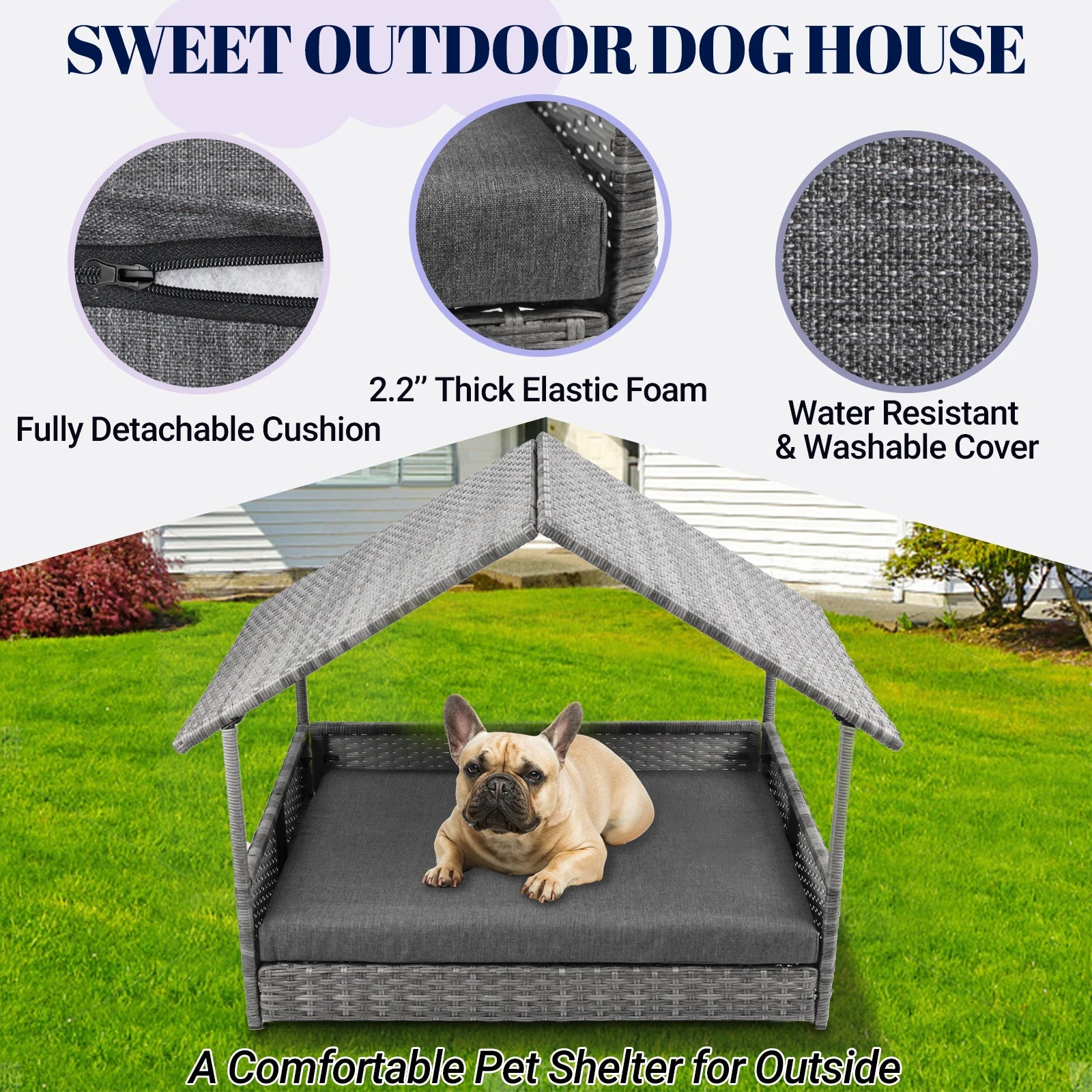 Elevated Wicker Dog House With Canopy And Water Resistant Cushion