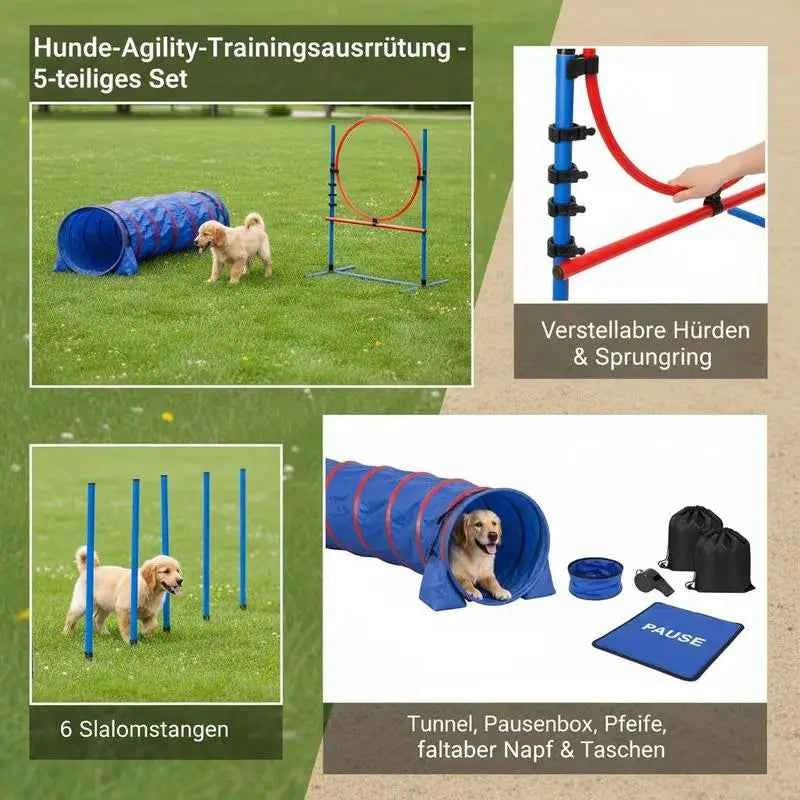 Dog agility training equipment, 5-piece set with adjustable high hurdles, 6 slalom poles, tunnel, jump ring, rest box, whistle, collapsible bowl, obstacle course set for puppies with storage bags
