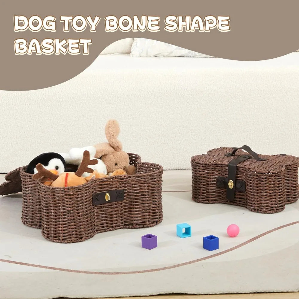 Dog Toy Basket With Lid Bone Shaped Natural Wicker Organizer