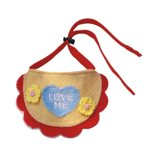 Pet saliva towel with elastic lace up decoration, dog and cat three-dimensional knitting, cute cartoon embroidery saliva towel