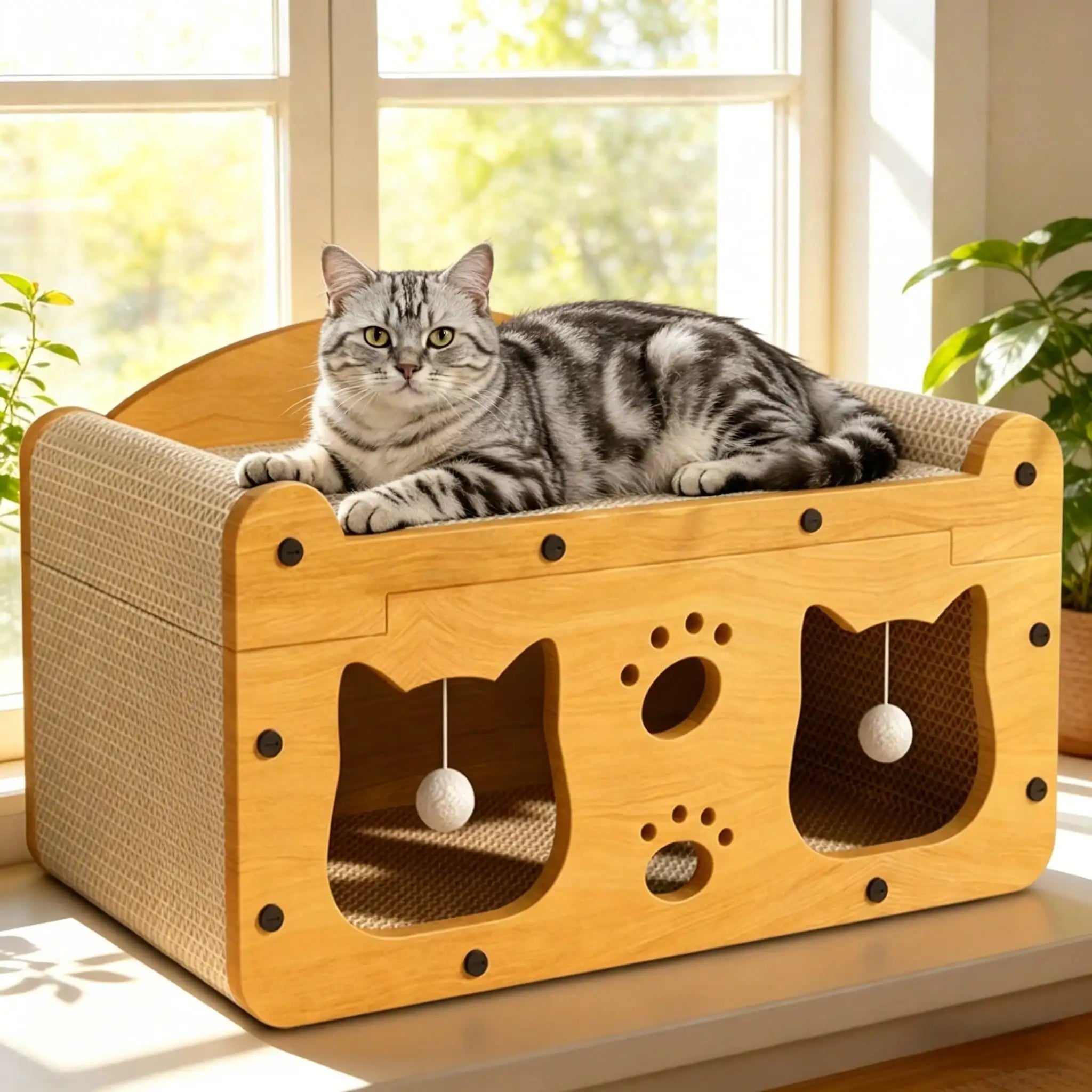 2 In 1 Double Layer Cardboard Cat Scratcher Lounge Bed Bubble Fish Star Moon Double Cat Head Pattern Detachable Upper Platform Cat Hideaway With 2 Hanging Pom Pom Balls For Multi Cat Households