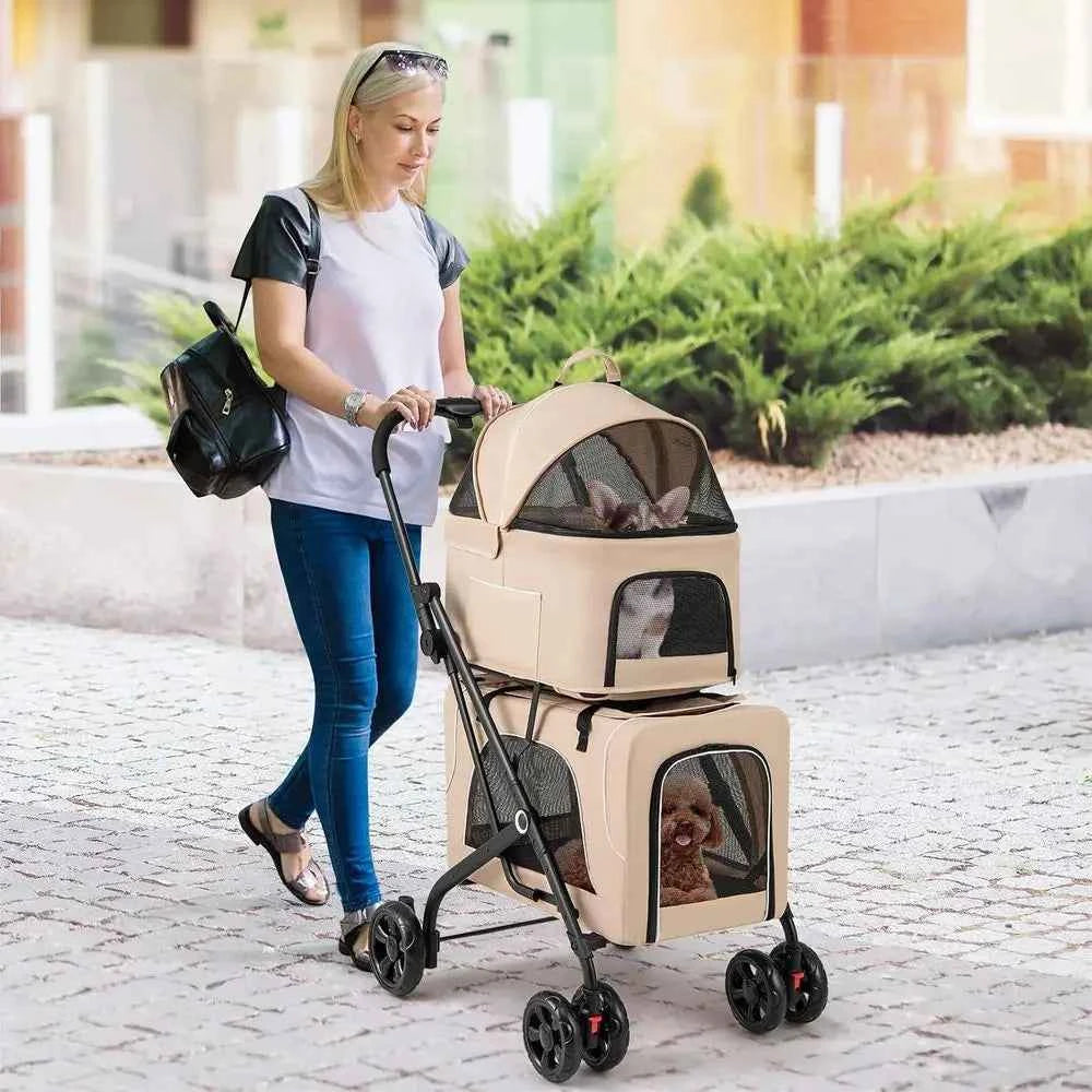 Double Dog Stroller or 2 Dogs, Detachable Carriers, Saety Belt, 4 Lockable Wheels, Pet Travel Carrier Strolling Cart, olding Cat