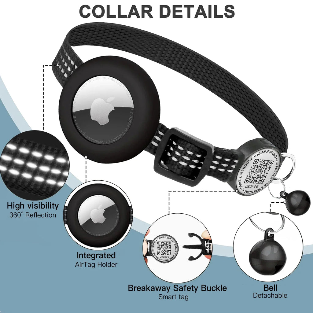 GPS Cat Collar with AirTag Holder & QR Name Tag  for Tracker Cats, Anti-loss Reflective Kitten Collar Location Case for Air Tag