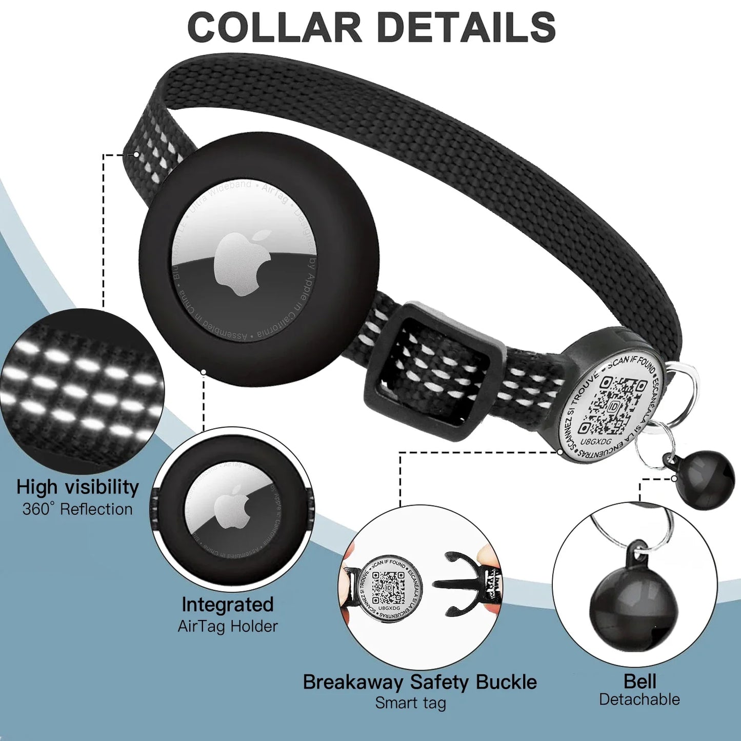 GPS Cat Collar with AirTag Holder & QR Name Tag  for Tracker Cats, Anti-loss Reflective Kitten Collar Location Case for Air Tag