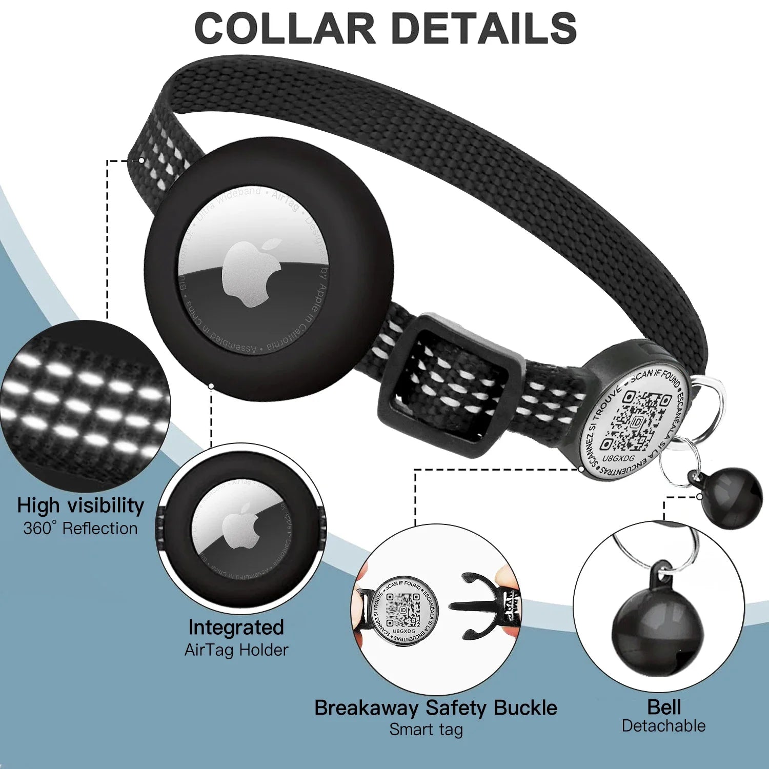 GPS Cat Collar with AirTag Holder & QR Name Tag  for Tracker Cats, Anti-loss Reflective Kitten Collar Location Case for Air Tag
