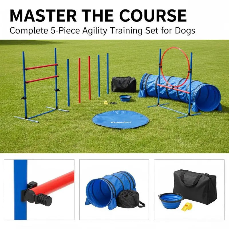 Dog agility training equipment, 5-piece set with adjustable high hurdles, 6 slalom poles, tunnel, jump ring, rest box, whistle, collapsible bowl, obstacle course set for puppies with storage bags
