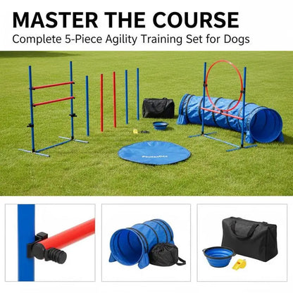 Dog agility training equipment, 5-piece set with adjustable high hurdles, 6 slalom poles, tunnel, jump ring, rest box, whistle, collapsible bowl, obstacle course set for puppies with storage bags