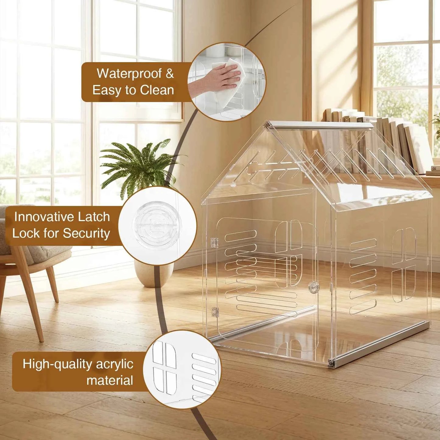 Acrylic Dog Cat House Lockable Ventilated Modern Dogs Crate Clear Dog Playpen for Small and Medium Dogs Pets 610x400x600mm