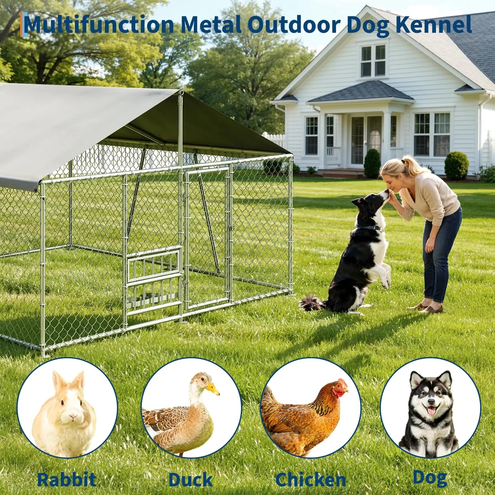 10x10x5.9FT Outside Dog Enclosure With PE Waterproof Roof, 360° Feeding Door, Heavy Duty Lockable Galvanized Kennel
