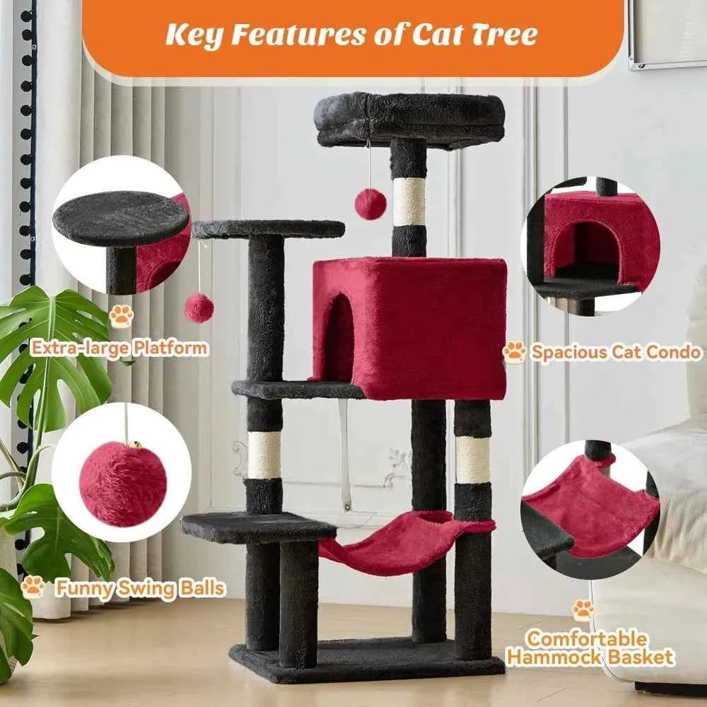 44 Inch Cat Tree Tower with Sisal Scratching Posts Hammock Condo for Indoor Cats Kittens Play Black Red