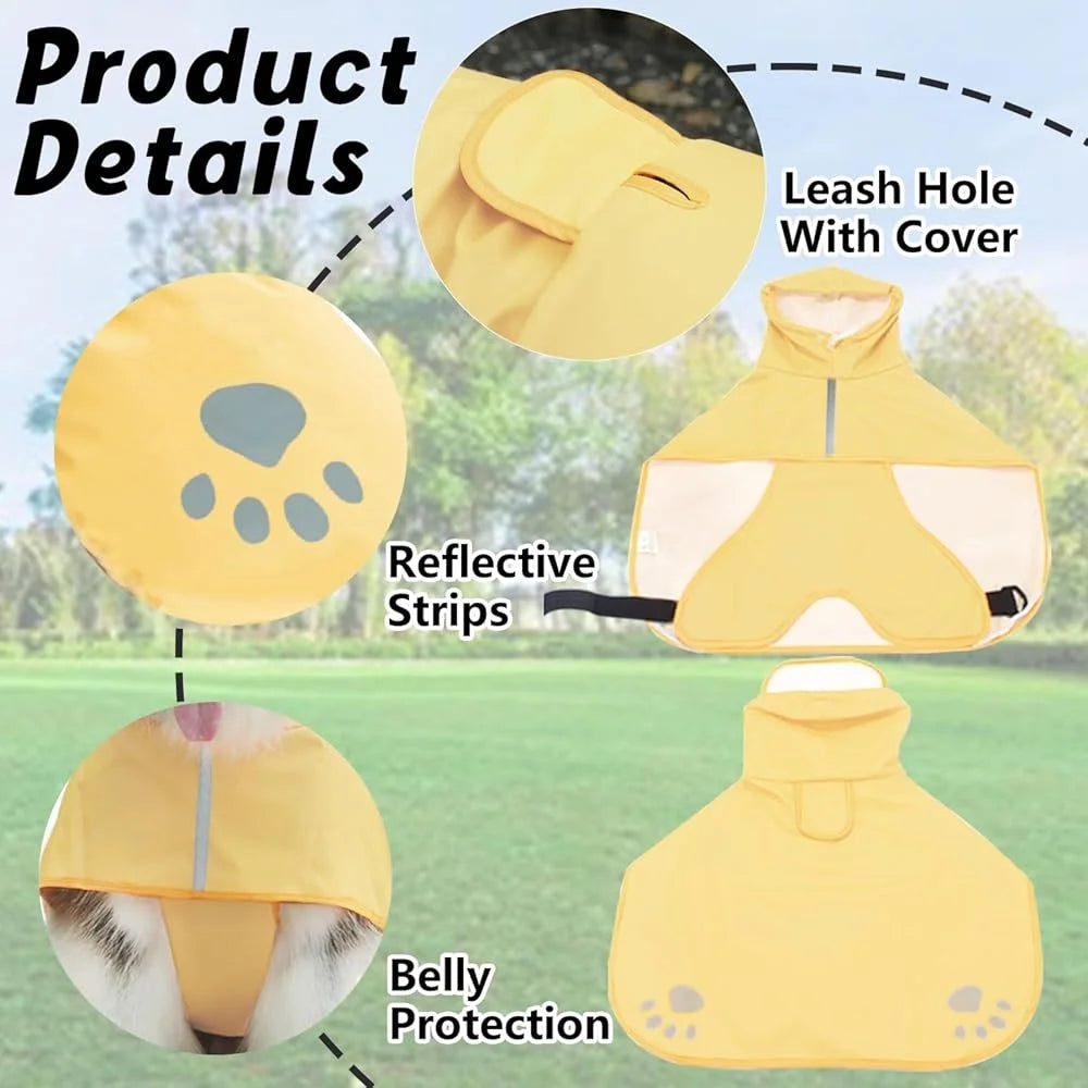 Dog Raincoat Hooded Reflective Slicker Lightweight Waterproof Pet Jacket Adjustable Belly Strap Leash Hole Outdoor Activities