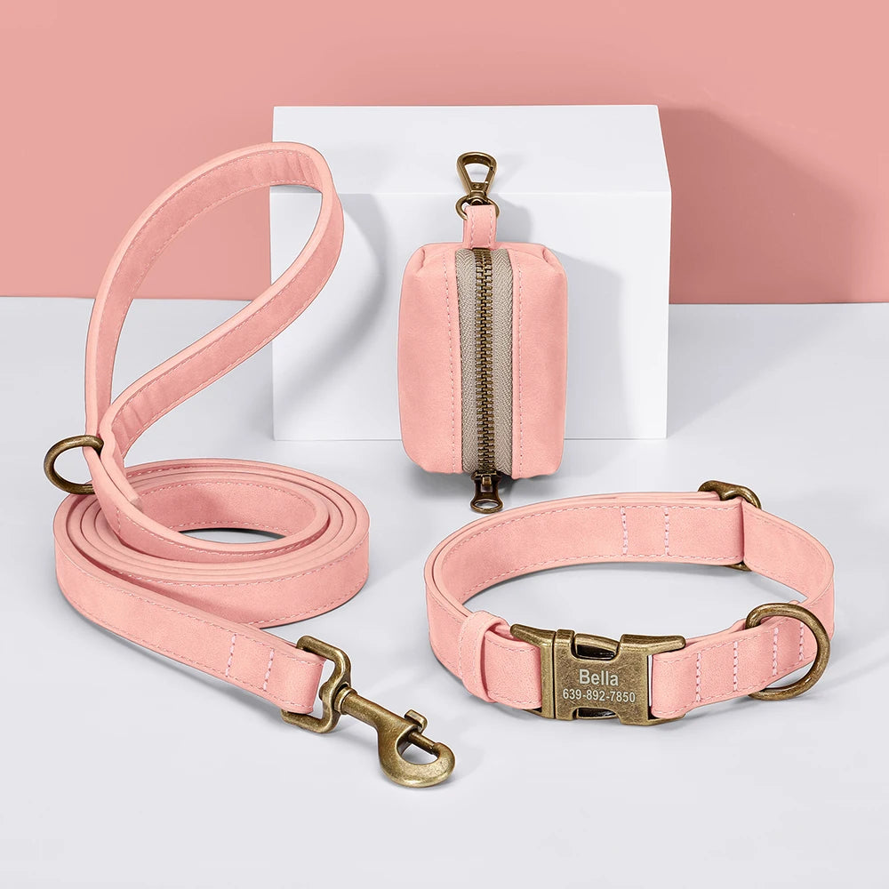 Didog Custom Dog Collar Leash Set With Poop Bag PU Leather