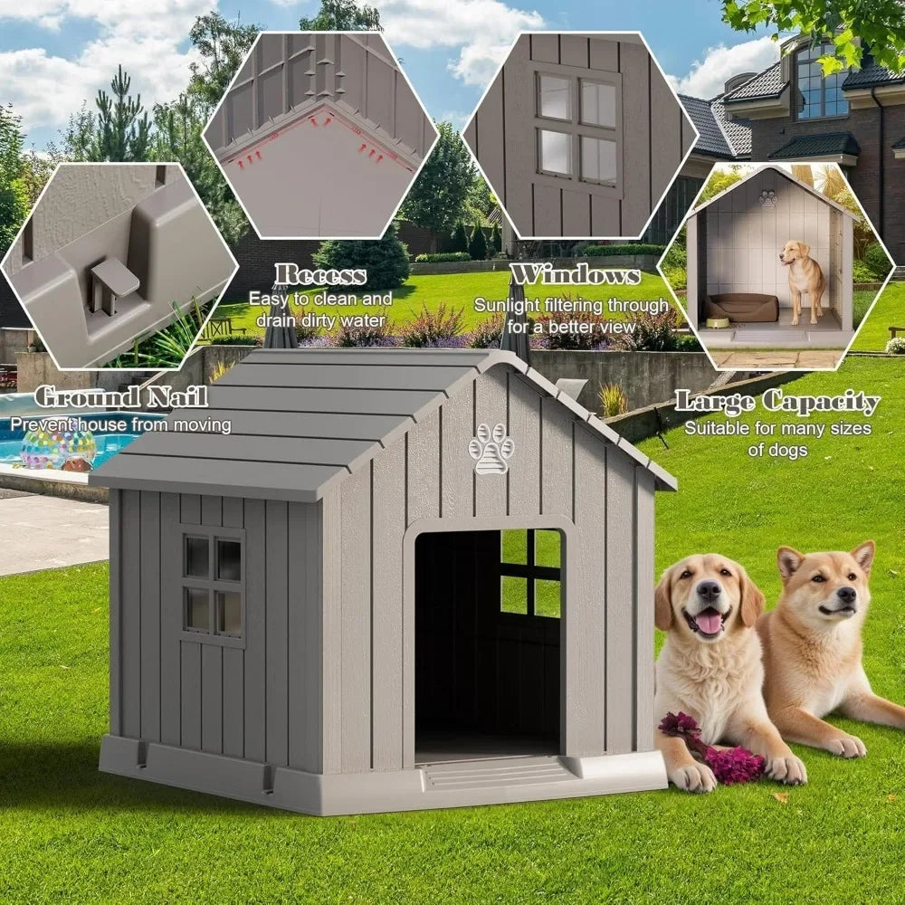 Large Dog House Outdoor, Durable Plastic Waterproof Indoor Doghouse with Air Vents and Elevated Floor for Small Medium Large Dog