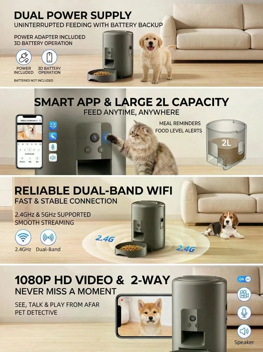 PETSIN 2L/67.64oz automatic cat feeder, smart cat feeder, smart pet feeder, dual-band 2.4G WiFi automatic dog feeder, round automatic cat food dispenser, with app control, remote control cat and dog food dispenser for small p