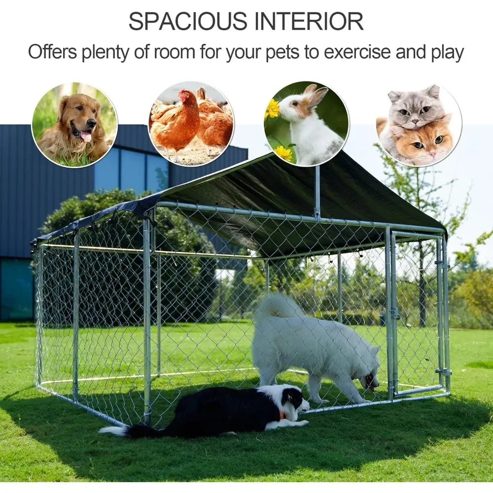 Outdoor Dog Enclosure Heavy Duty Dog Kennel House Mesh Dog Big Cage Pet Kennel Steel Fence with Secure Lock (6.56‘x 6.56’)