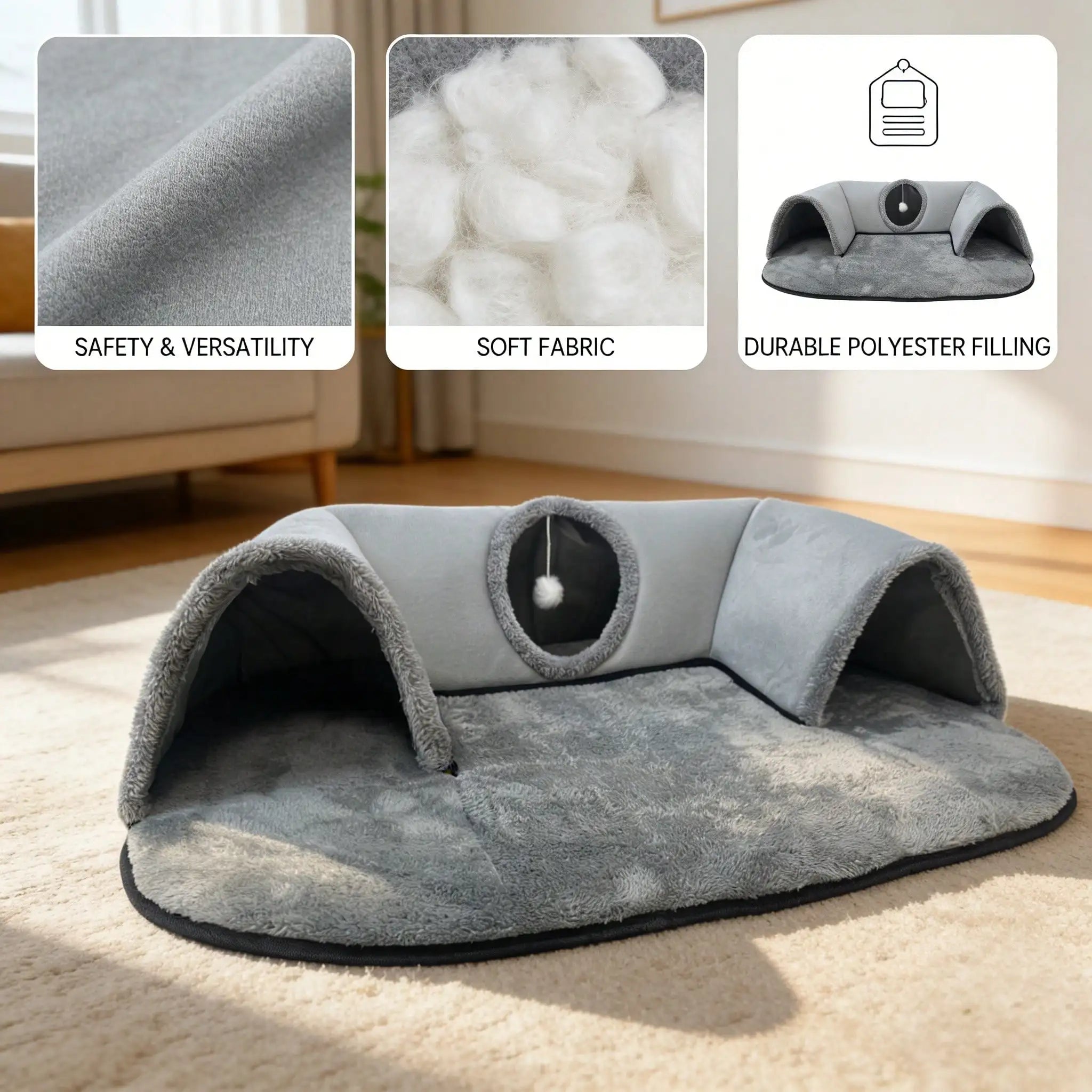 2 In 1 Cat Tunnel Bed With Soft Plush Cushion Multisize Warm Hideaway Cave With Hanging Pom-pom Toy Interactive Play Rest House Washable Pet Sleeping Mat For Kitten Small Indoor Cats
