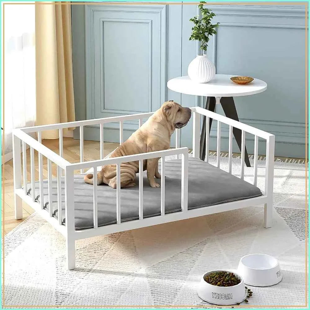 Elevated Dog Bed with Rails, Metal Frame & Solid Wood, Washable Mat, Medium 25.2x37.8in, White