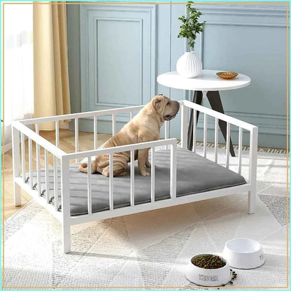 Elevated Dog Bed with Rails, Metal Frame & Solid Wood, Washable Mat, Medium 25.2x37.8in, White