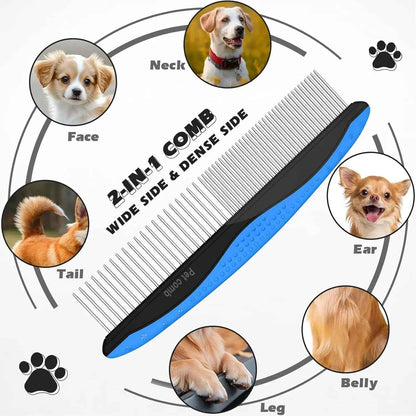 3PC Pet Grooming Kit: Rake, Comb & Flea Comb for Dogs Cats, Double-Sided Dematting Brush, Removes Tangles & Loose Hair (Blue)