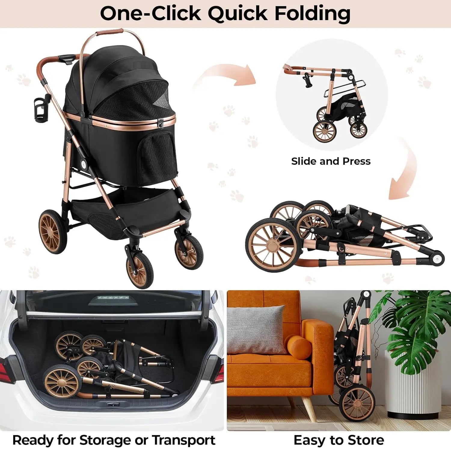 Foldable Dual Cat And Dog Stroller With 360 Degree Wheels