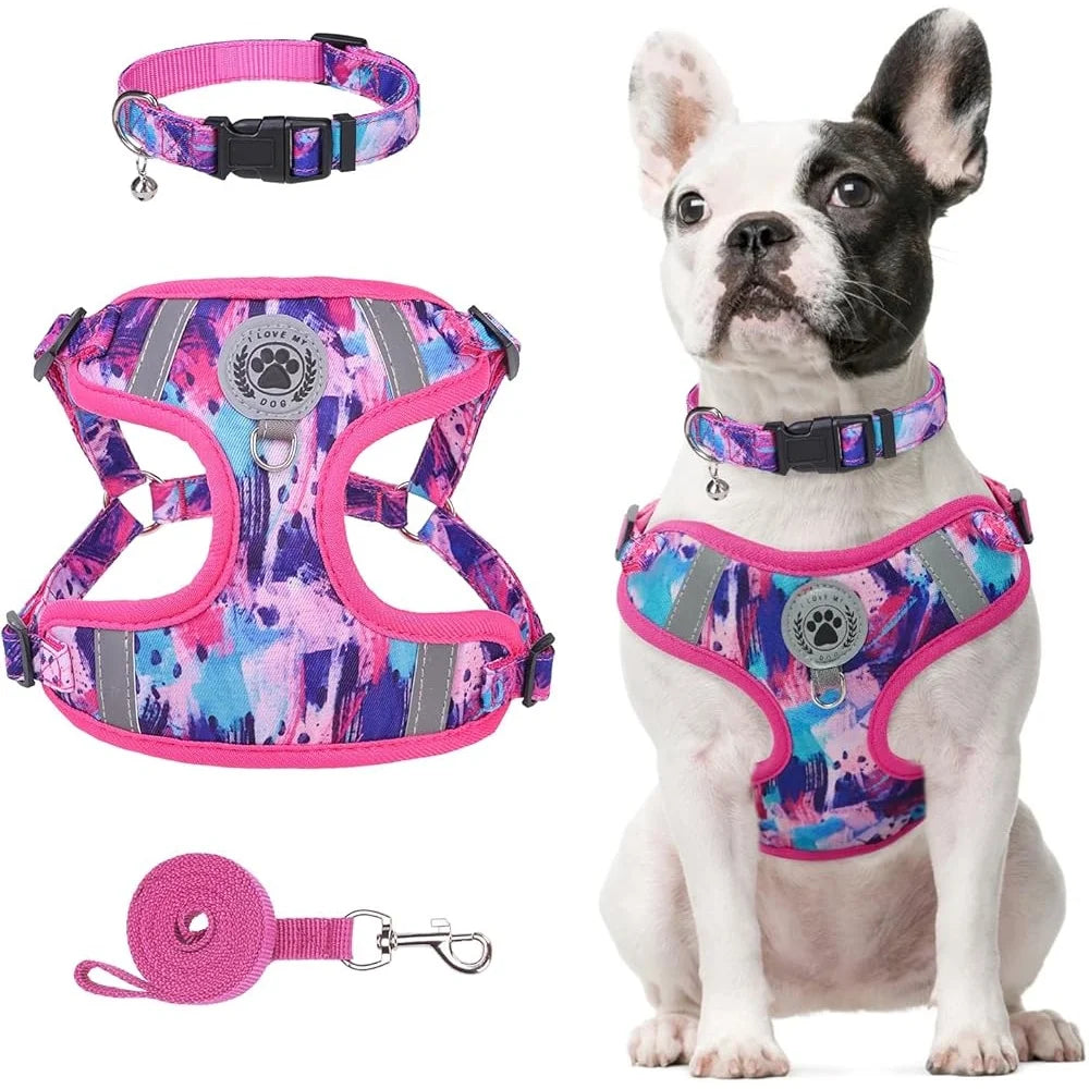Adjustable No Pull Dog Harness Leash Collar Set Reflective