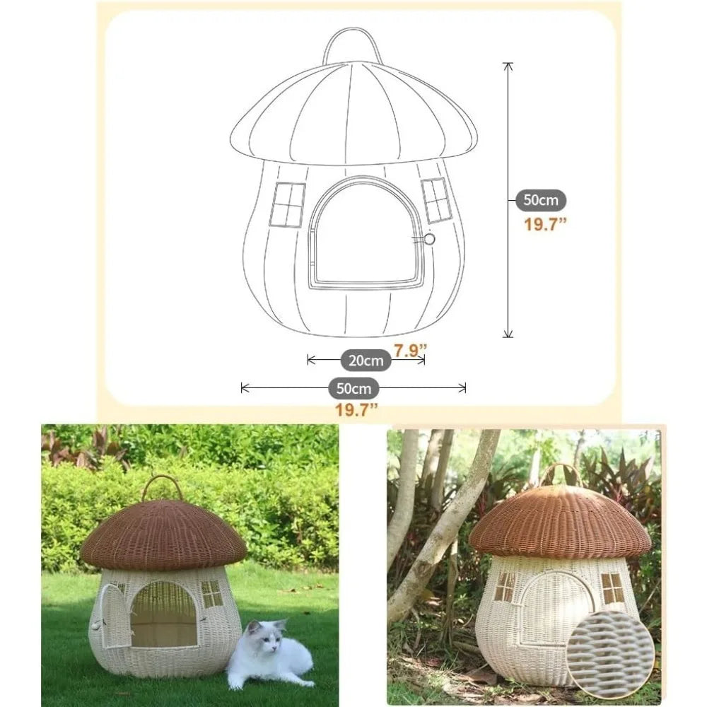 High Concerned Chemical Pet Nest Mushroom House Rattan Raised Cat Bed Kennel Indoor