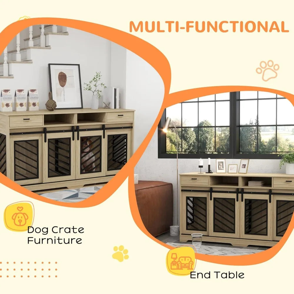 Double Dog Crate Furniture with Removable Divider for 2 Medium Dogs or 1 Large Dog, 66" Modern Dog Kennel Furniture End Table w